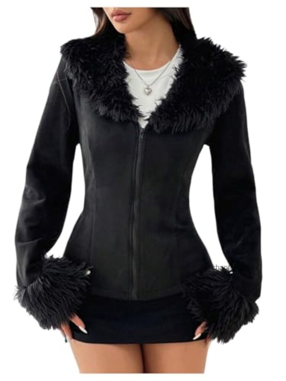 Women's Suede Jacket Faux Fur Collar Zip Up Long Sleeve Fuzzy Casual Outerwear